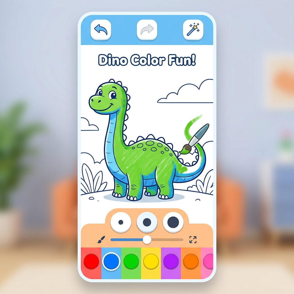 Coloring screen with brushes and color palette tools