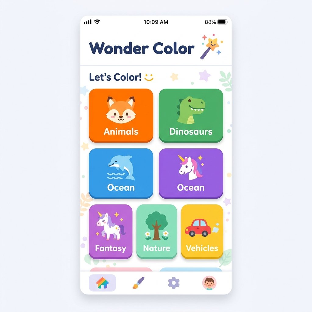 Wonder Color home screen showing colorful category cards